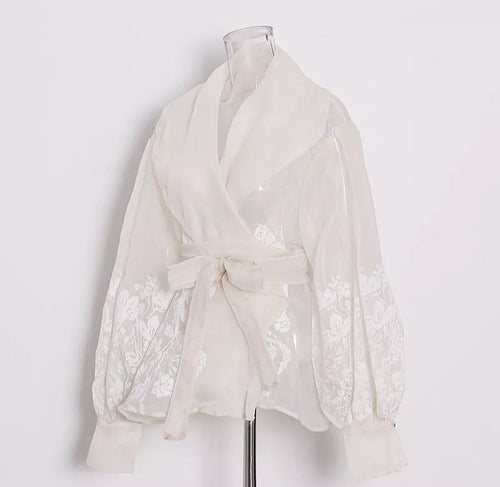 Minimalist Vintage Print Embroidery Shirt Organza For Women