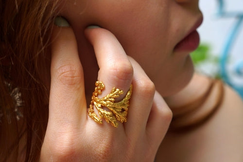 Real Juniper Leaf Gold Ring, handmade.